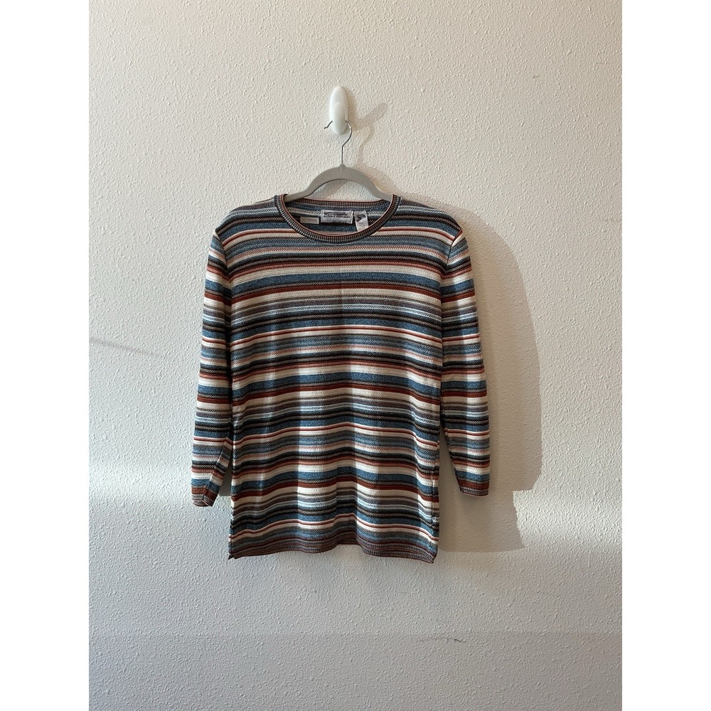 VTG Alfred Dunner Knit Shirt L Striped Retro Blue Orange Textured Made in USA M‎